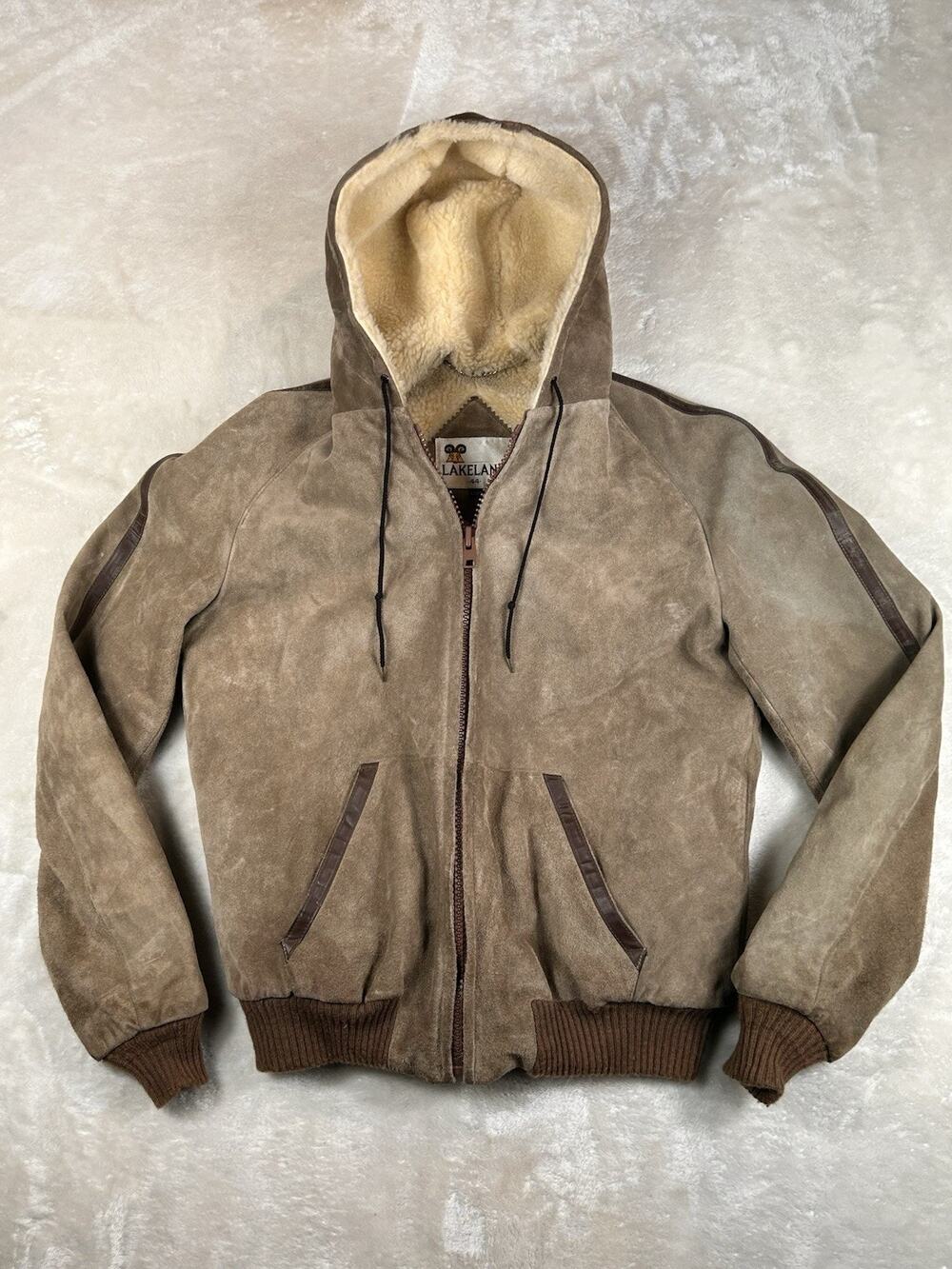80's VTG Lakeland Genuine Leather Suede Bomber Jacket Size 44 R Hooded Sherpa